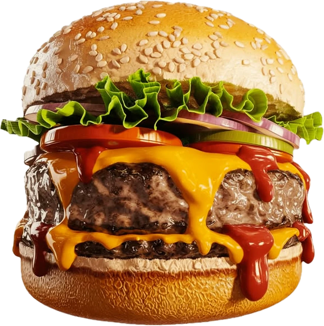 Cheeseburger con cheddar e ketchup che colano