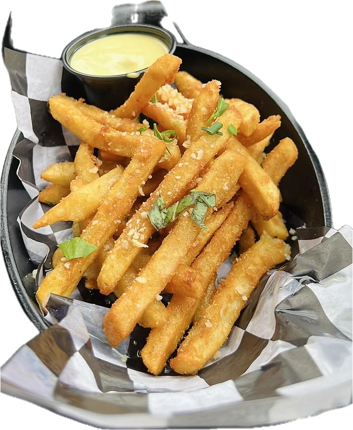Patatine fritte nel cestino con la carta a quadretti