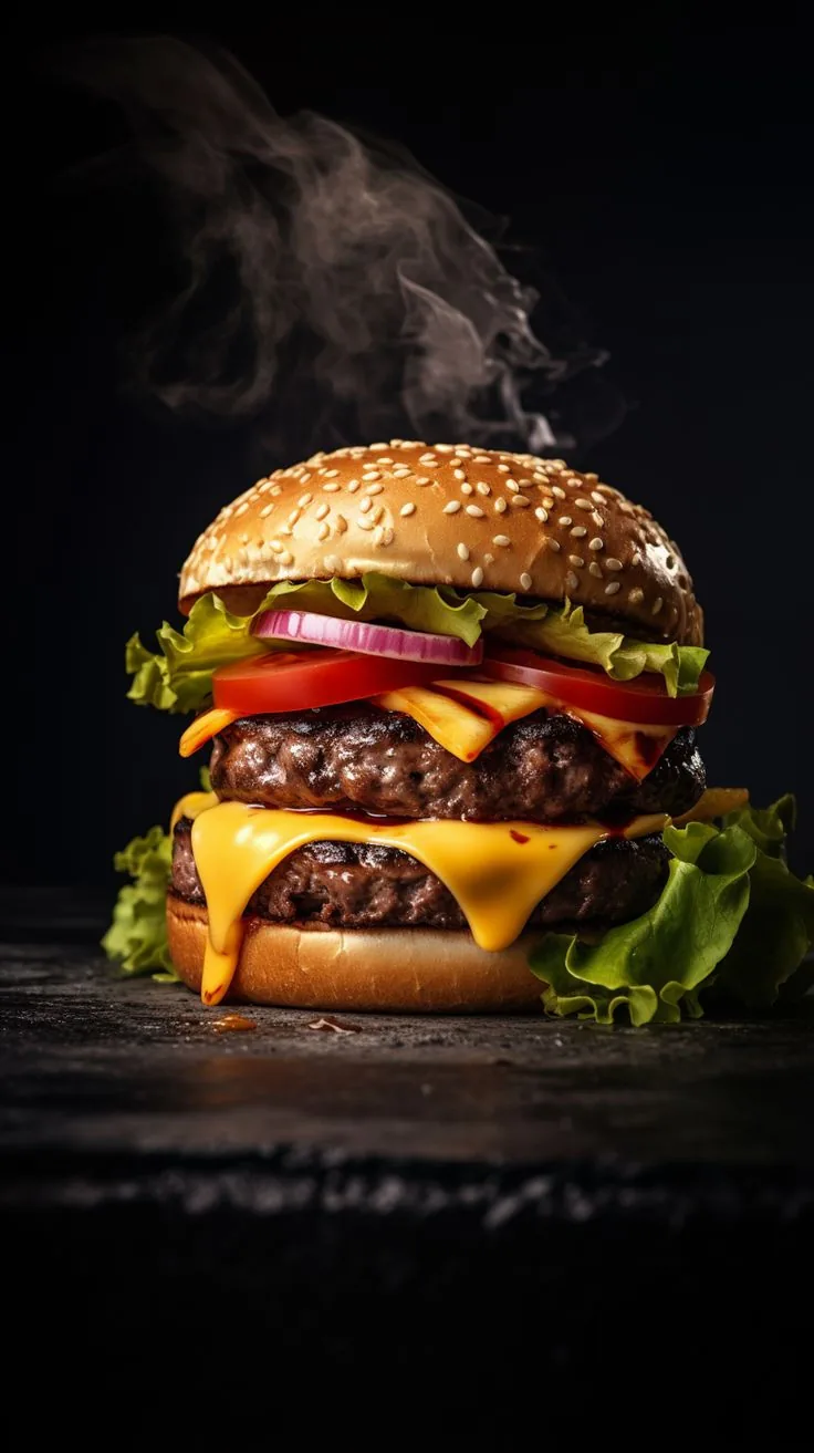 Doppio cheeseburger appena uscito dalla griglia, con il fumo che sale