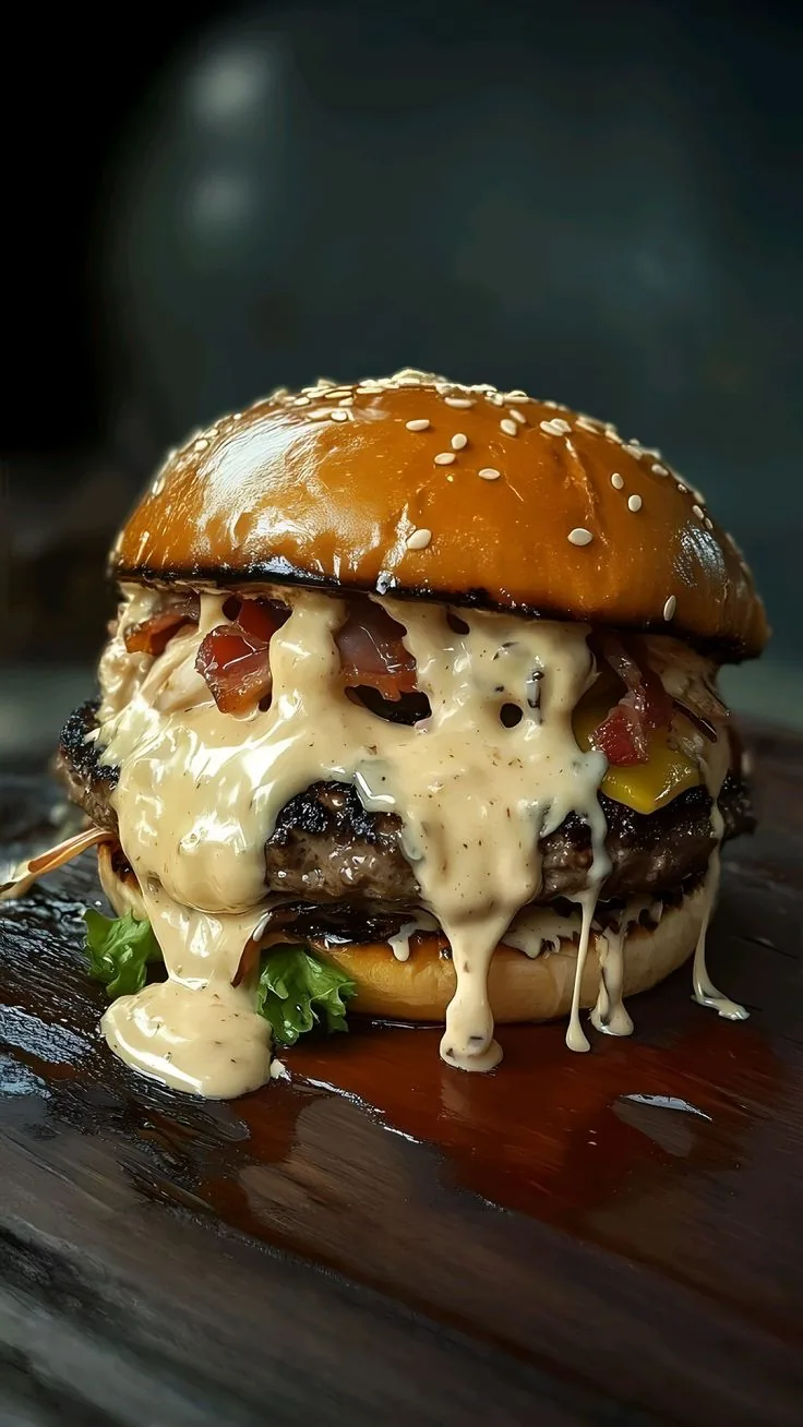 Burger con salsa cremosa che cola sul tagliere